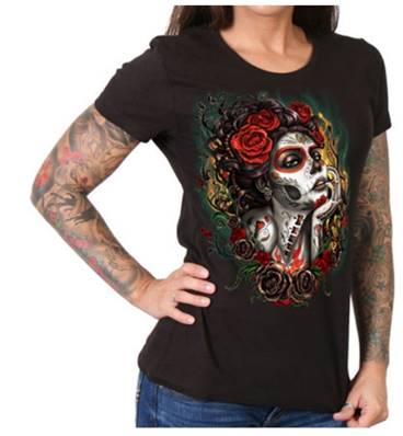 Tshirt bikeuse lady    visage maquillé avec rose ds cheveux    L 