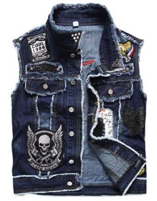 Veste JEAN SLEEVELESS 3XL bleue avec patches BIKER