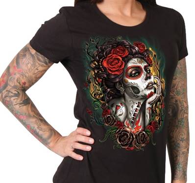 Tshirt bikeuse lady    visage maquillé avec rose ds cheveux     M 