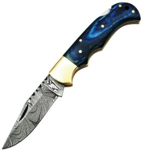 couteau pliant lockback damascus blue