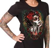 Tshirt bikeuse lady    visage maquillé avec rose ds cheveux     M 