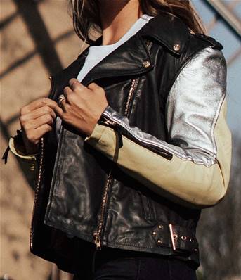 Blouson cuir premium argent/jaune/noir FINI -55%