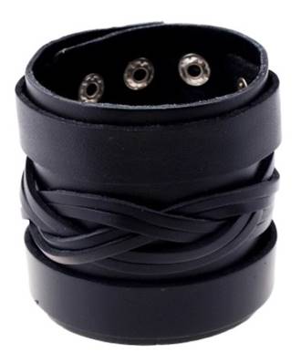 Bracelet manchette cuir noir type punk motif lanière ref P01850