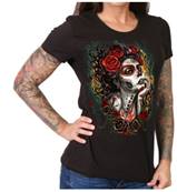 Tshirt bikeuse lady    visage maquillé avec rose ds cheveux    L 