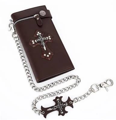 portefeuille long marron avec croix et skull + chainette